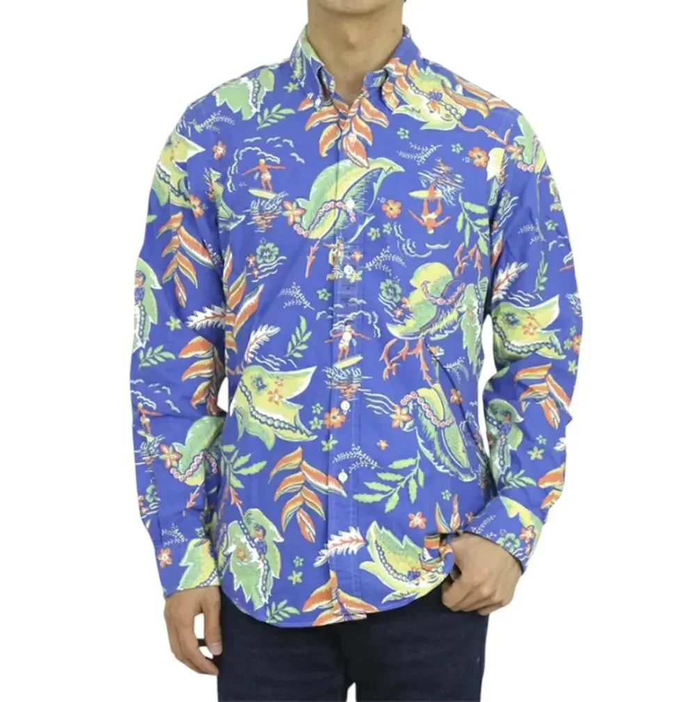 Ralph Lauren Blue Hawaiian Floral Tropical Button Down Shirt